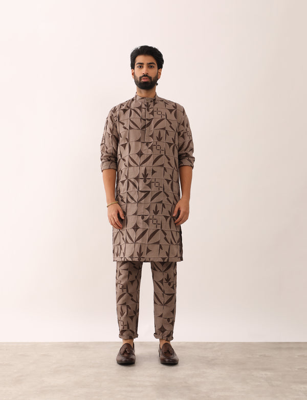 JEET STENCIL KURTA SET - STONE