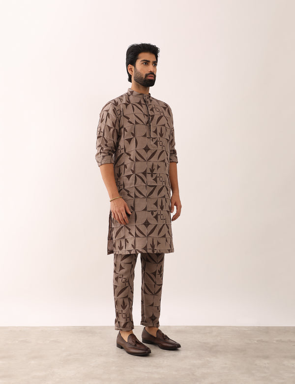 JEET STENCIL KURTA SET - STONE