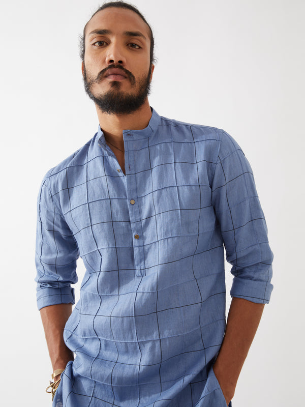 JENSON WINDOW CHECK KURTA SET - BLUE