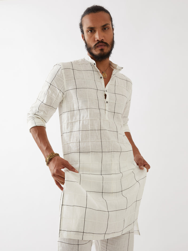 JENSON WINDOW CHECK KURTA SET - WHITE