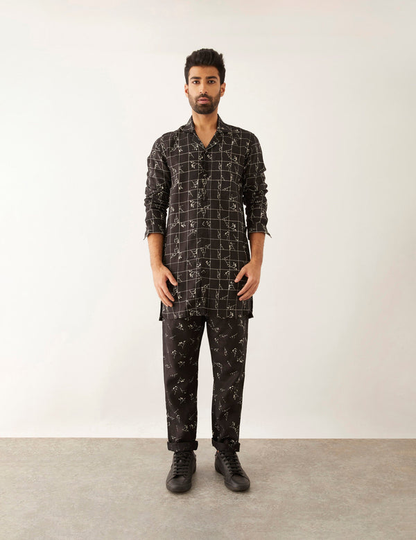 OLFA - GRID FLORAL - KURTA - BLACK