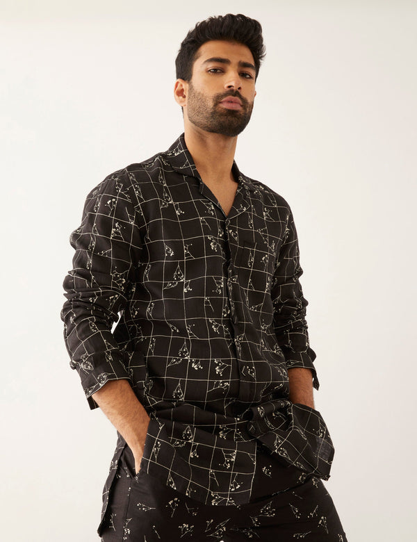 OLFA - GRID FLORAL - KURTA - BLACK